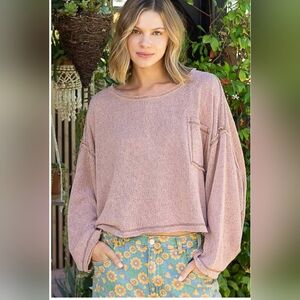 POL Round Neck Chest Pocket Cut Sew Sweater Knit Top